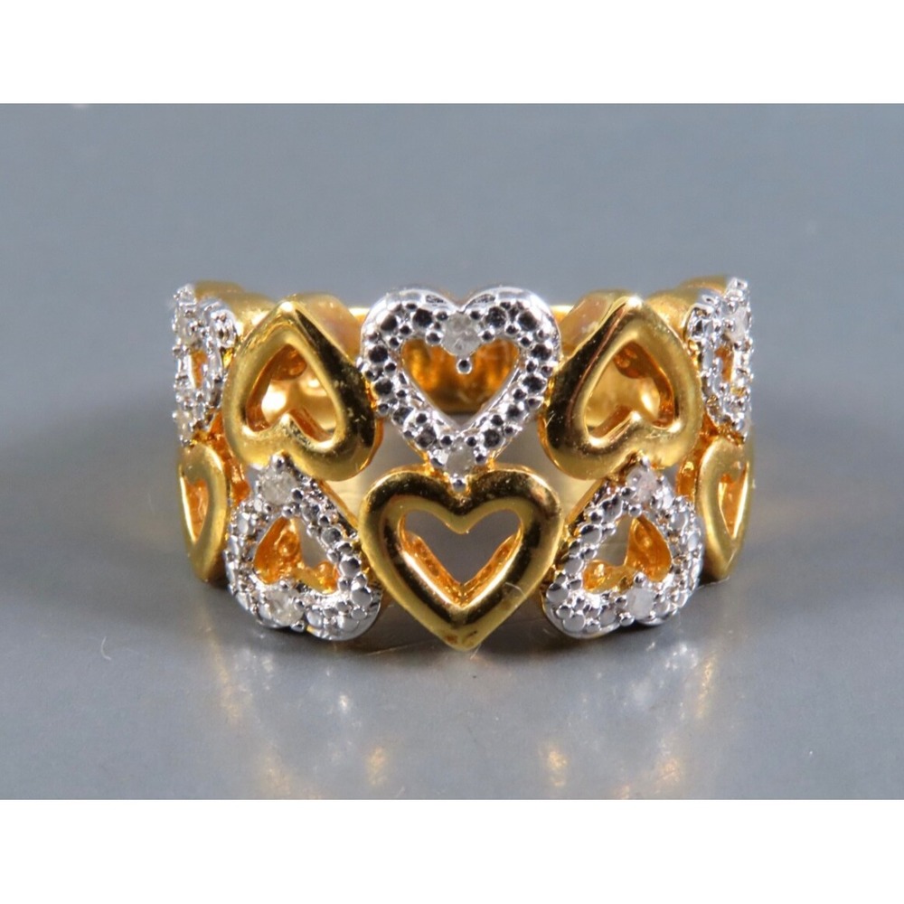 EMULOUS JTV Cocktail Ring 14K GOLD OVER BRASS 1/10ct Natural Diamonds HEARTS 6